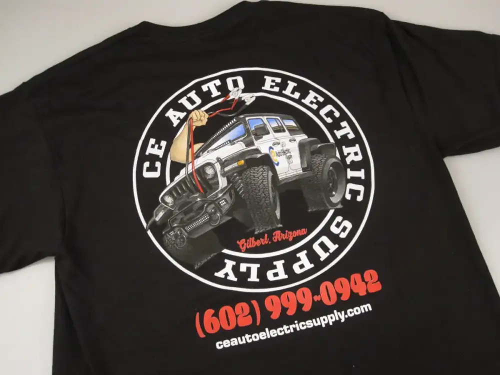 CE Auto Electric Supply Black Jeep T-Shirt Rear