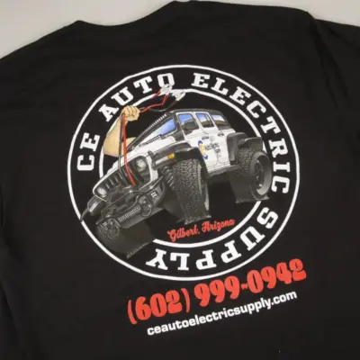 CE Auto Electric Supply Black Jeep T-Shirt Rear
