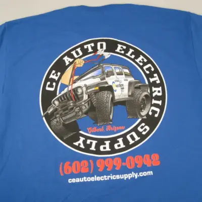 CE Auto Electric Supply Blue Jeep T-Shirt Rear