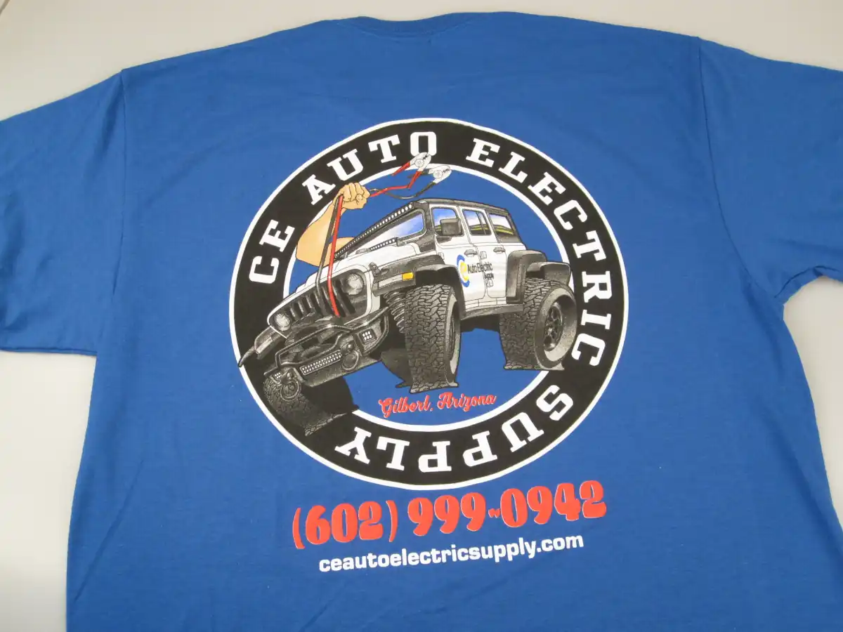 CE Auto Electric Supply Blue Jeep T-Shirt Rear