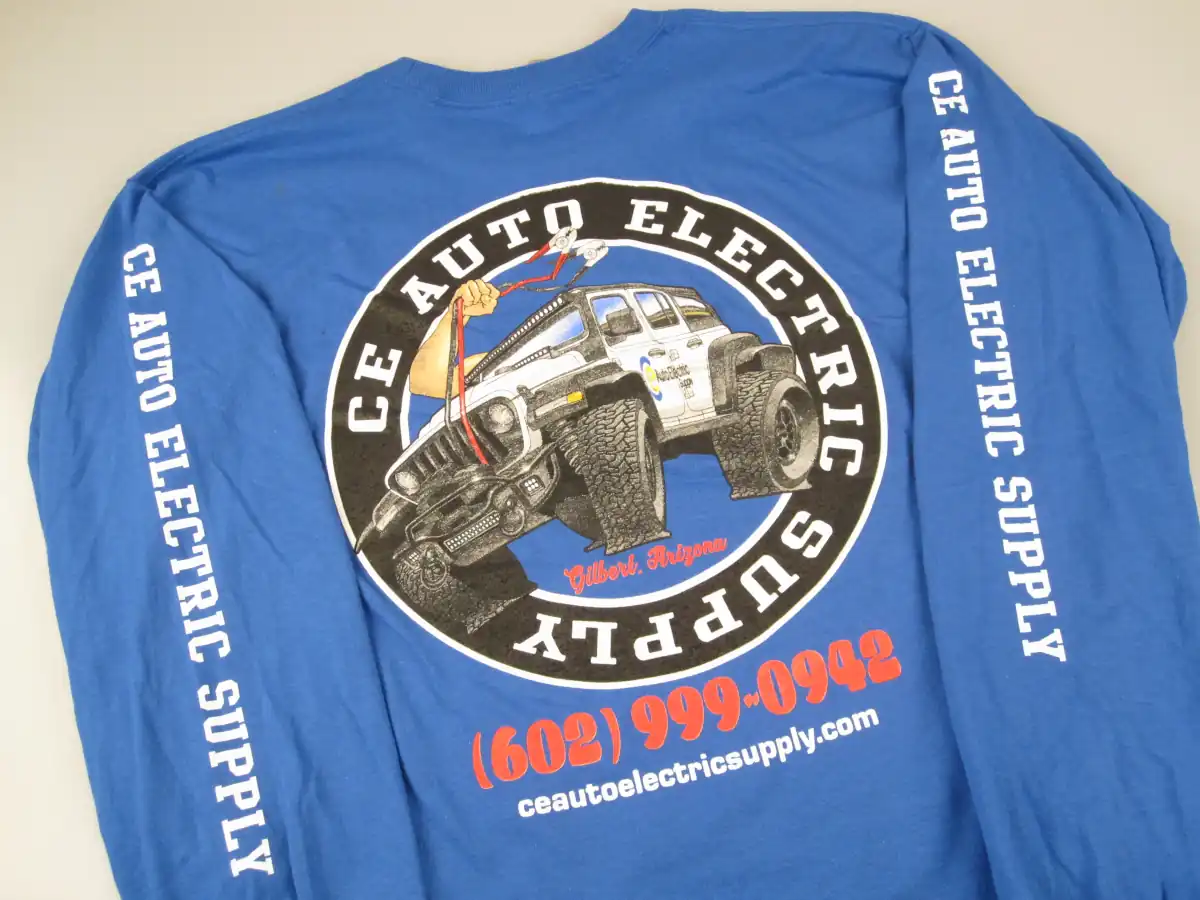 CE Auto Electric Supply Long Sleeve Blue Jeep T-Shirt Rear