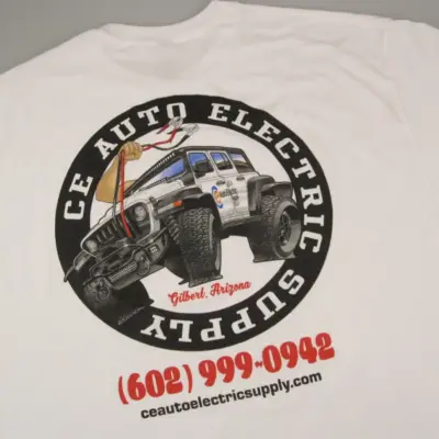CE Auto Electric Supply White Jeep T-Shirt Rear