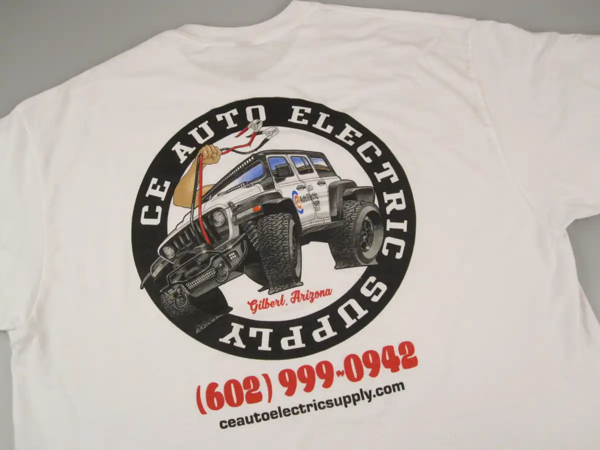 CE Auto Electric Supply White Jeep T-Shirt Rear