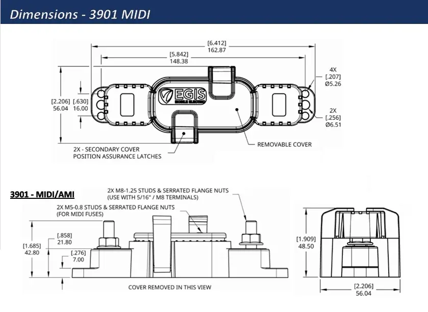 EGIS AMI / MIDI Fuse Block, 30 - 200 A, Sealed - Drawing