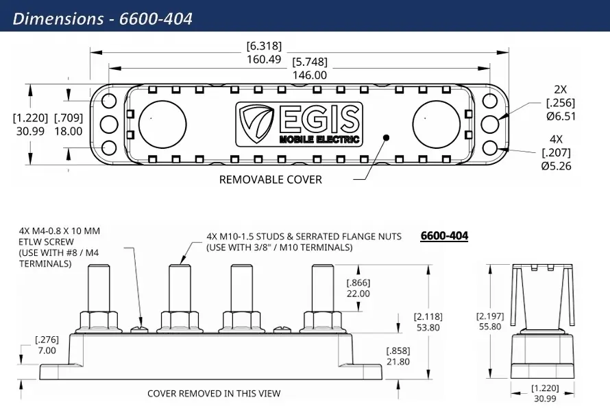 EGIS PowerBar - Black - Four M10 (3/8") Studs +4 Circuits (#8) - 600 Amp - Drawing