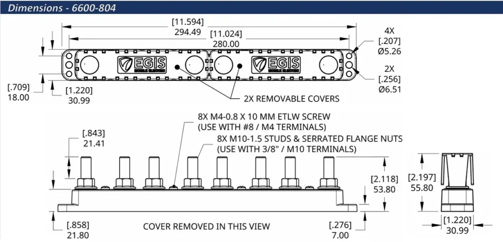EGIS PowerBar Eight M10 (3/8") Studs +8 Circuits (#8) - 600 Amp - Drawing