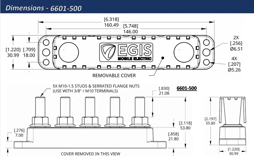EGIS PowerBar Five M10 (3/8) Studs 600A w-Cover - Drawing