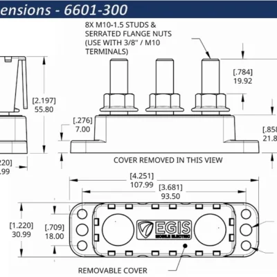 EGIS PowerBar Three M10 (3/8) Studs 600A w-Cover - Drawing