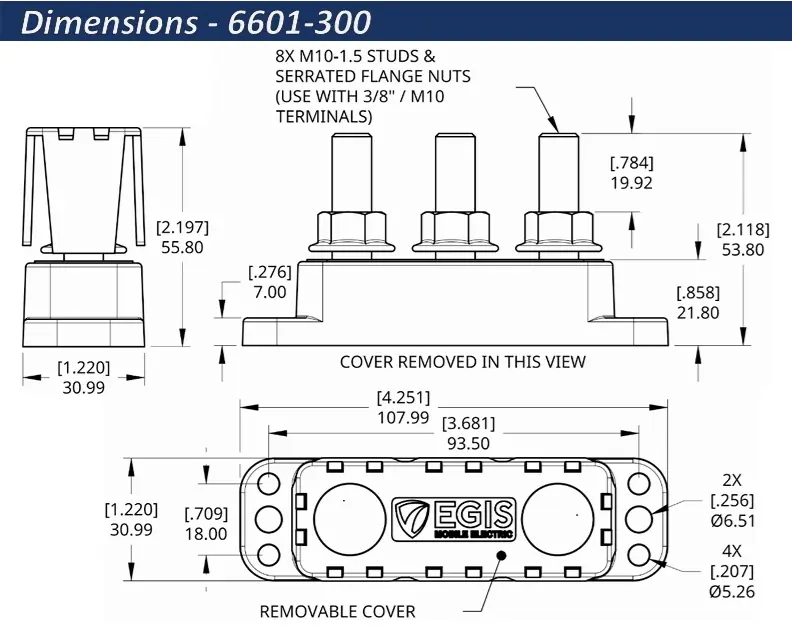 EGIS PowerBar Three M10 (3/8) Studs 600A w-Cover - Drawing